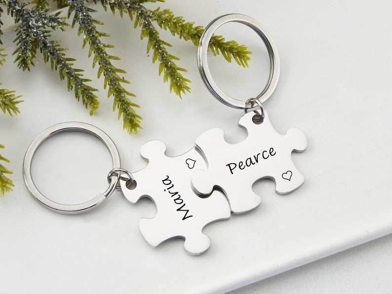 Personalized Puzzle key chain with Names Couples key chain Puzzle jewelry Anniversary gift Boyfriend Gift Valentine's day Gift for her