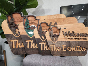 National Park Welcome Sign - family name sign, custom national park sign layered laser cut & engraved, national park wedding sign