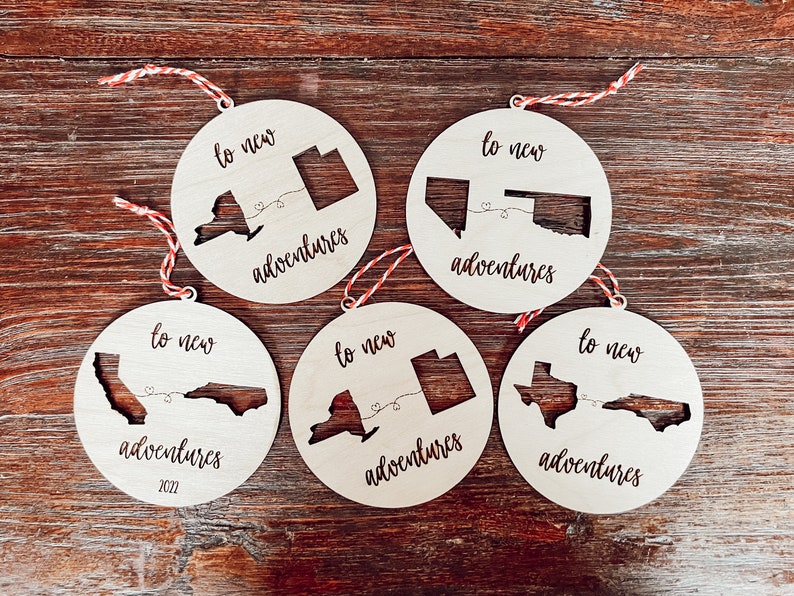 To New Adventures Cross Country Moving Ornament | Laser Cut Personalized 2 States or Countries | Custom Home Decor | Christmas Moving Gift