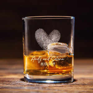 Engraved Fingerprint Heart Whiskey Glass, Personalized Rock Glass, Actual Couple Fingerprint, Gifts For Him, Couple Gift