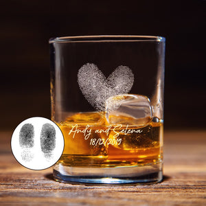 Engraved Fingerprint Heart Whiskey Glass, Personalized Rock Glass, Actual Couple Fingerprint, Gifts For Him, Couple Gift