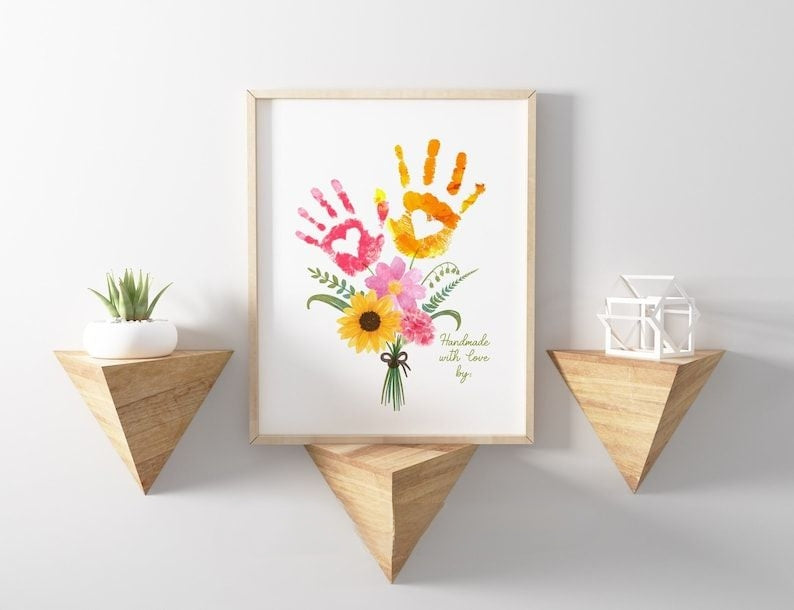 Valentine Mother's day craft handprint art birthday activity floral bouquet grandma flower DIY kids children toddler baby keepsake