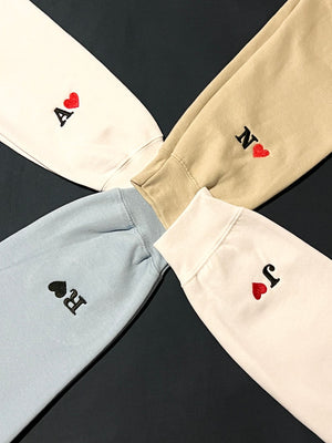 Custom Embroidered Initial Heart Sweatshirt, Initial on Sleeve, Couple Shirt, Anniversary, Couple's Shirt, Custom Embroidered Hoodie.