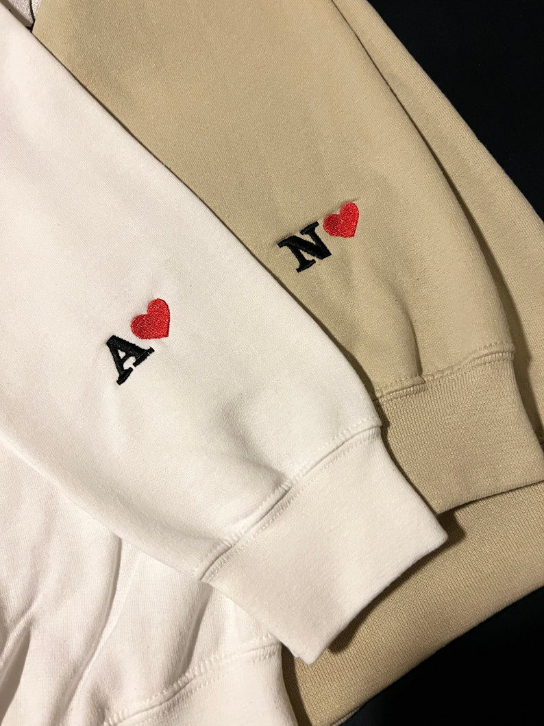 Custom Embroidered Initial Heart Sweatshirt, Initial on Sleeve, Couple Shirt, Anniversary, Couple's Shirt, Custom Embroidered Hoodie.
