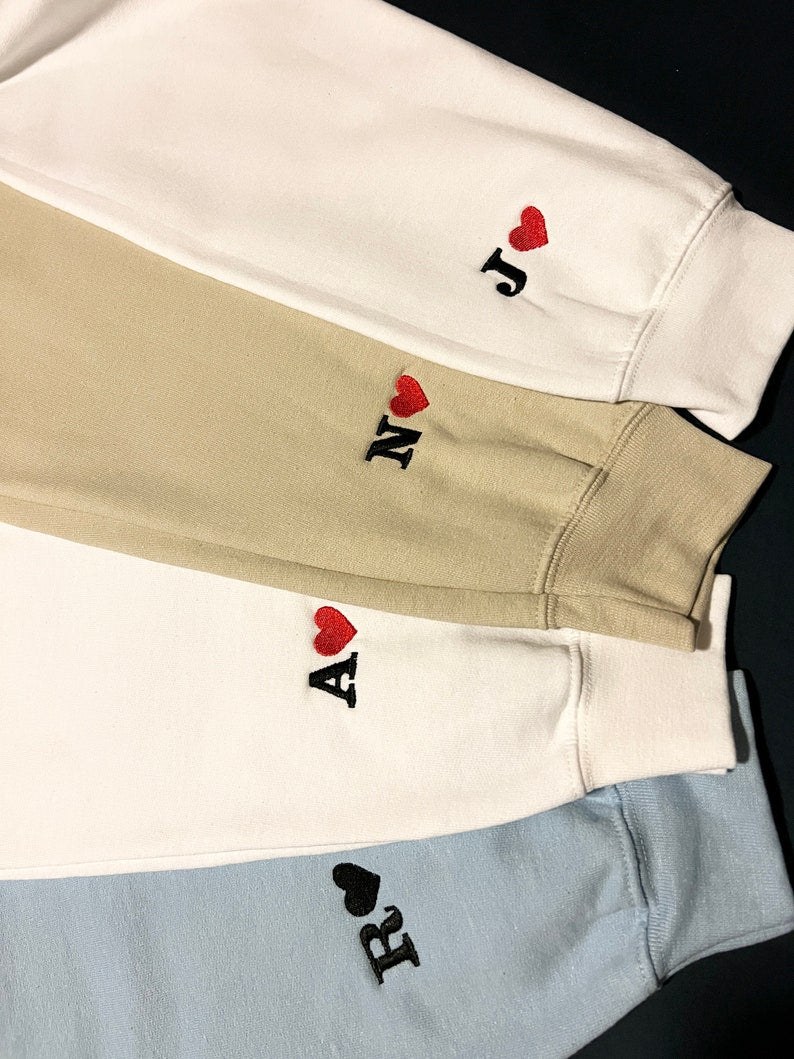 Custom Embroidered Initial Heart Sweatshirt, Initial on Sleeve, Couple Shirt, Anniversary, Couple's Shirt, Custom Embroidered Hoodie.