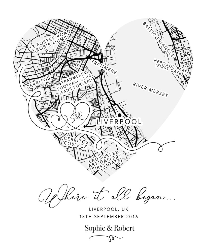 Personalised Valentines Gift Anniversary Gift, Where It All Began Heart Map Gift, Gift for Him / Her, Wife Husband Girlfriend Boyfriend (No Frame)