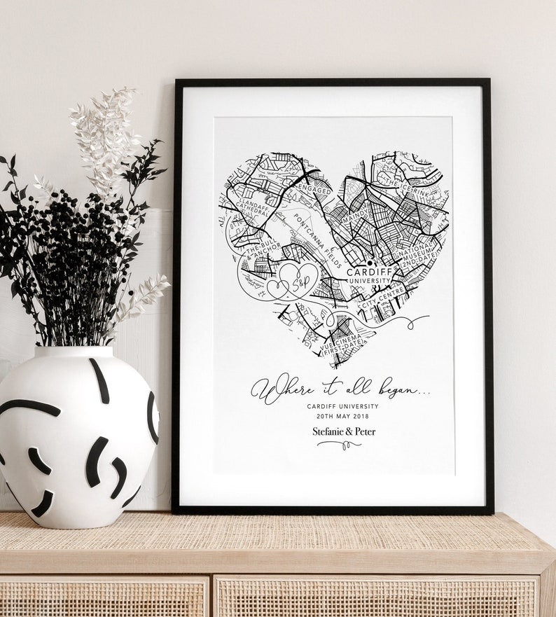 Personalised Valentines Gift Anniversary Gift, Where It All Began Heart Map Gift, Gift for Him / Her, Wife Husband Girlfriend Boyfriend (No Frame)