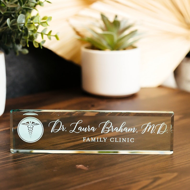 Physician MD Doctor Glass Office Desk Name Plate, Clear PA Surgeon Nameplate, Medical Practitioner Appreciation Gift, Med School Graduation