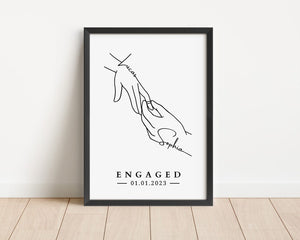 Personalised Engagement Hands Line Art Print, Custom Couple Gift, Engaged Keepsake Frame (No Frame)