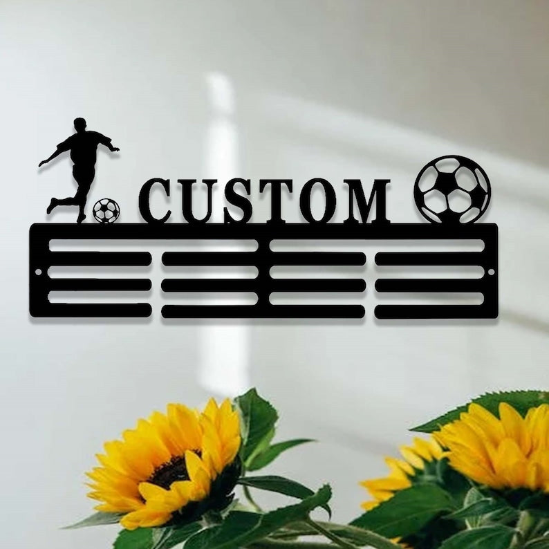 Personalized Soccer Medal Holder,Custom Soccer Name Medal Hanger,12 Rungs for Medals & Ribbons,Soccer Award Display,Soccer Medal Display