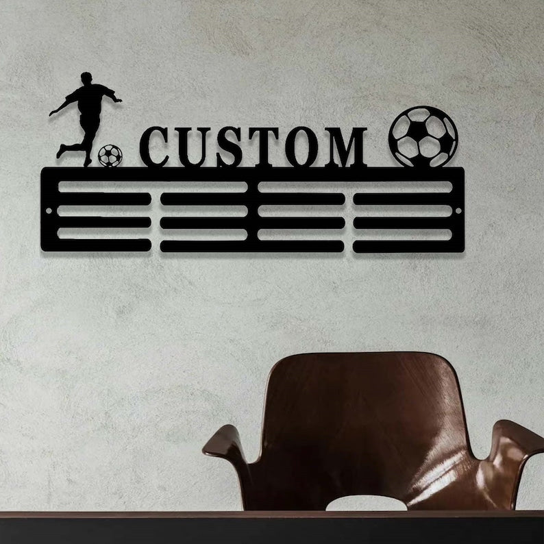 Personalized Soccer Medal Holder,Custom Soccer Name Medal Hanger,12 Rungs for Medals & Ribbons,Soccer Award Display,Soccer Medal Display