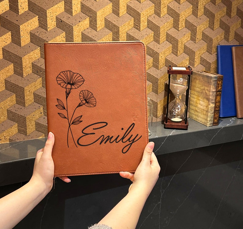 Custom Birth Month Flower Leather Portfolio with Zipper, Personalized Refillable Padfolio, Mother's Day Gift,Birth Month Flower Gift For Her