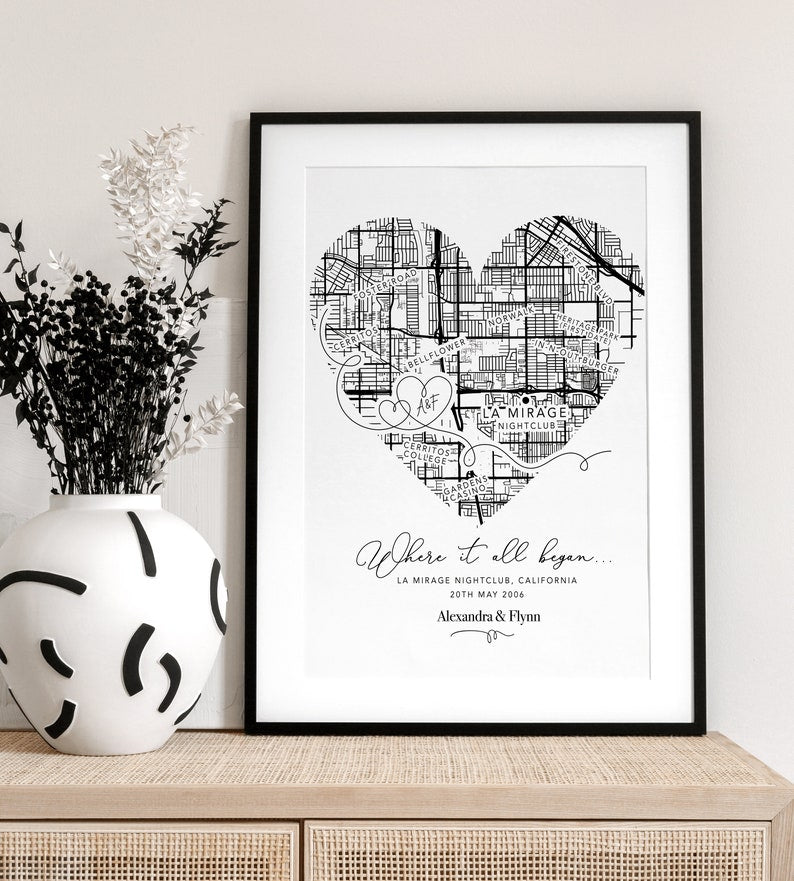 Personalised Valentines Gift Anniversary Gift, Where It All Began Heart Map Gift, Gift for Him / Her, Wife Husband Girlfriend Boyfriend (No Frame)
