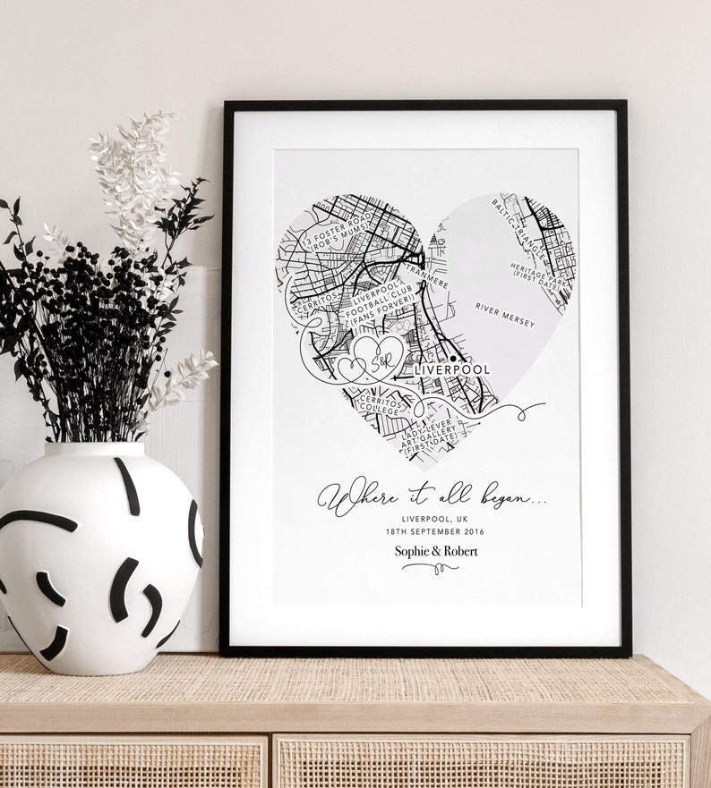 Personalised Valentines Gift Anniversary Gift, Where It All Began Heart Map Gift, Gift for Him / Her, Wife Husband Girlfriend Boyfriend (No Frame)
