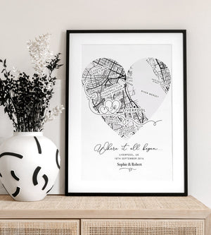Personalised Valentines Gift Anniversary Gift, Where It All Began Heart Map Gift, Gift for Him / Her, Wife Husband Girlfriend Boyfriend (No Frame)