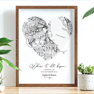 Personalised Valentines Gift Anniversary Gift, Where It All Began Heart Map Gift, Gift for Him / Her, Wife Husband Girlfriend Boyfriend (No Frame)