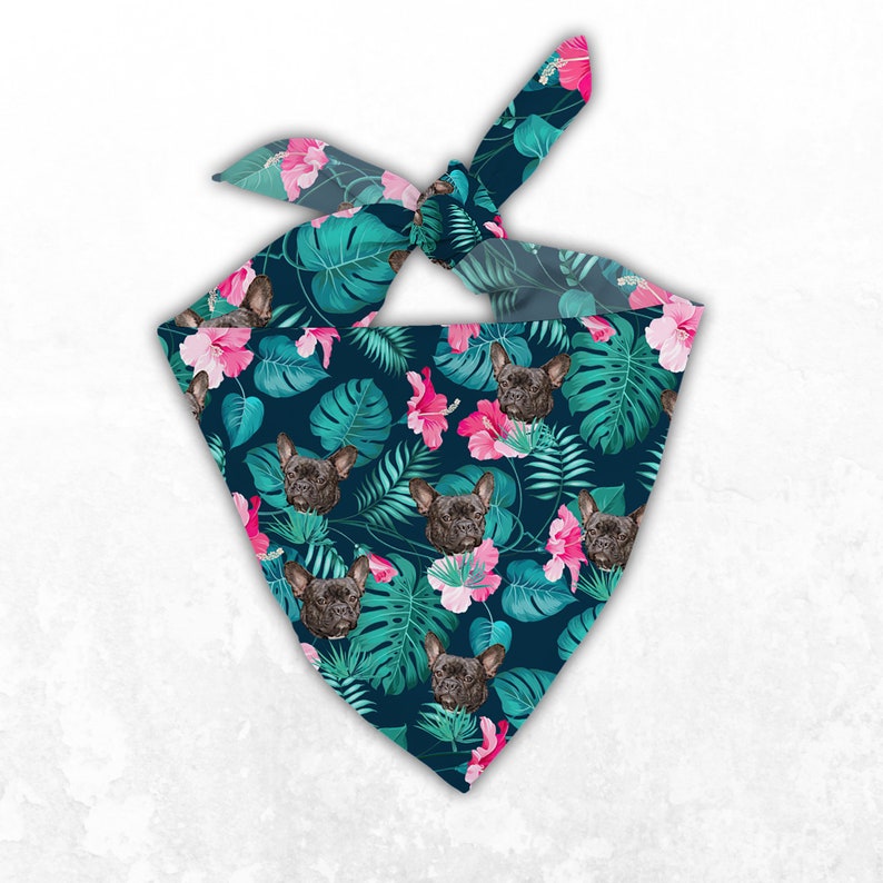 Personalized Dog Bandanas with Pet Photo, Custom Green Hawaiian Pet Bandanas Matching Hawaiian Human Shirt