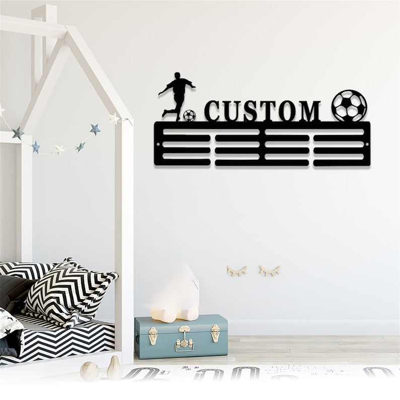 Personalized Soccer Medal Holder,Custom Soccer Name Medal Hanger,12 Rungs for Medals & Ribbons,Soccer Award Display,Soccer Medal Display