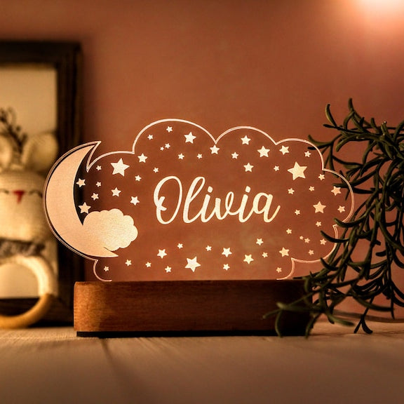 Personalized Night Light with Moon & Stars - Kids Room Decor - Newborn Boy Girl Name Gift - Gift for Baby and Toddler - Gift for Unique Baby