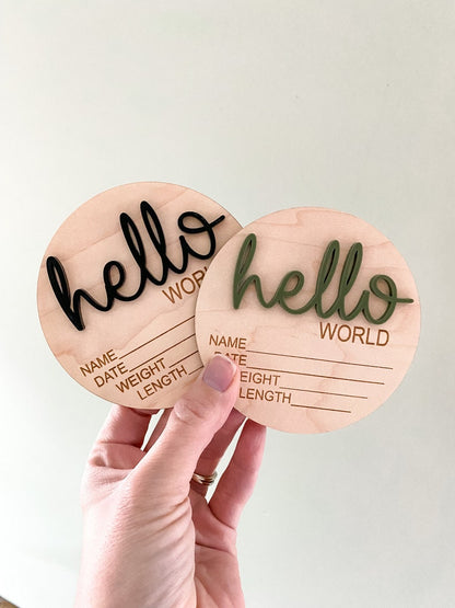 Baby Birth Announcement Wood Disc - Newborn Birth Stat Circle - Milestone Card - Hello World Hospital Sign - 3D Wood Photo Prop - Plaque