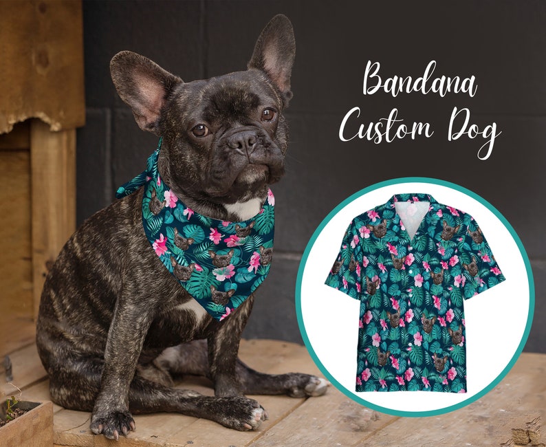 Personalized Dog Bandanas with Pet Photo, Custom Green Hawaiian Pet Bandanas Matching Hawaiian Human Shirt
