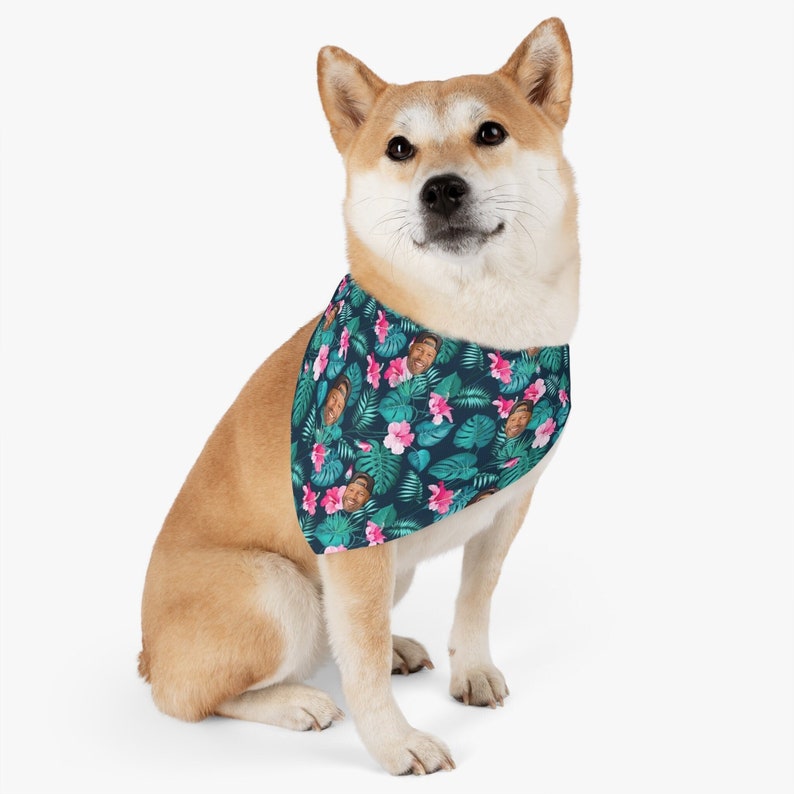 Personalized Dog Bandanas with Pet Photo, Custom Green Hawaiian Pet Bandanas Matching Hawaiian Human Shirt