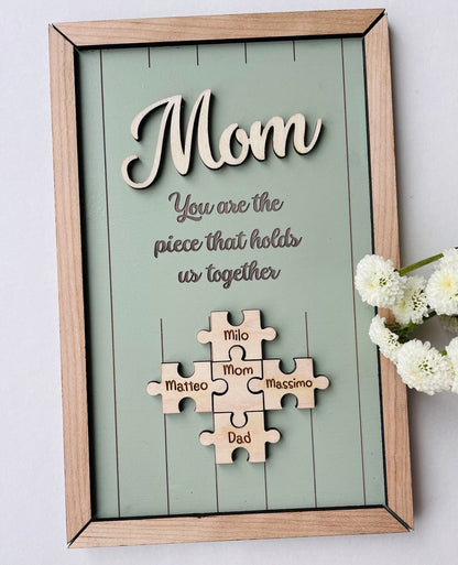 Mom Puzzle Sign Mother's Day Gift from Kids Husband Custom Engraved Wood Sign Piece That Holds Us Together Grandma Gift Personalized Unique