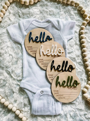 Baby Birth Announcement Wood Disc - Newborn Birth Stat Circle - Milestone Card - Hello World Hospital Sign - 3D Wood Photo Prop - Plaque