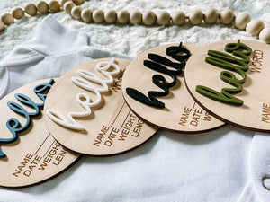 Baby Birth Announcement Wood Disc - Newborn Birth Stat Circle - Milestone Card - Hello World Hospital Sign - 3D Wood Photo Prop - Plaque