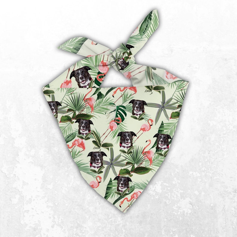 Personalized Dog Bandanas with Pet Photo, Custom Green Hawaiian Pet Bandanas Matching Hawaiian Human Shirt