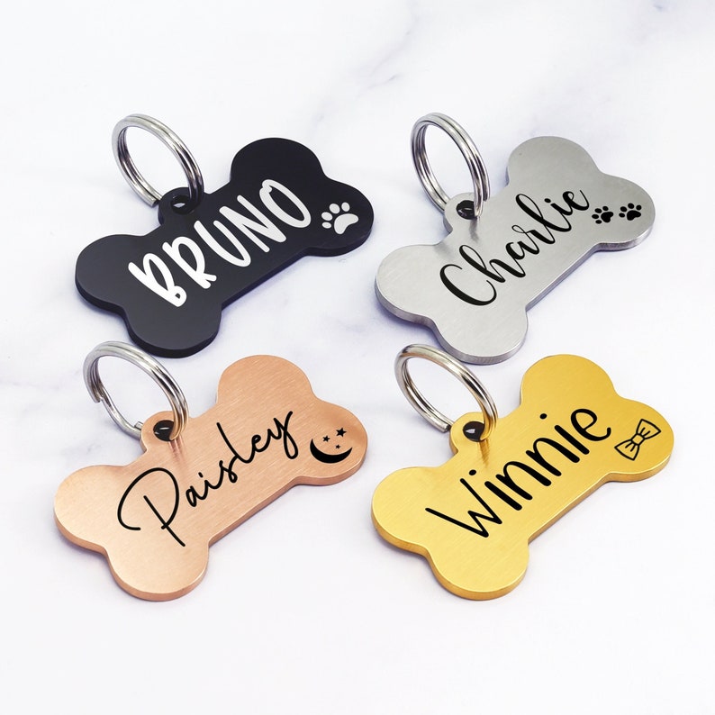 Dog Name Tag, Bone Dog Tag Personalized for Dogs, Engraved Dog Tag, Personalized Dog Tag, New Puppy Gifts, Rose Gold Black Silver Dog Tag