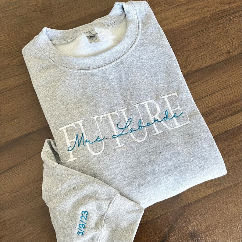 Personalized Embroidered Wife Sweatshirt, Custom Last Name Shirt, Bridal Sweatshirt, Engagement Sweatshirt, Bride Shirt, White Wifey