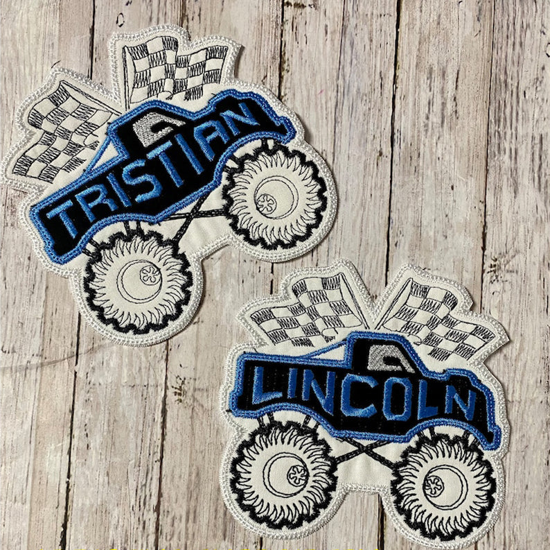 Monster Truck Race Car Checkered Flag Personalized Iron On Patch Embroidered Applique Custom Name Tag il_794xN.4732239902_spg5.jpg