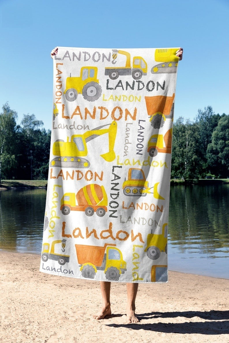 Personalized Truck Beach Towel, Beach Towel for Son, Towel with name, Custom Beach Towel for boy