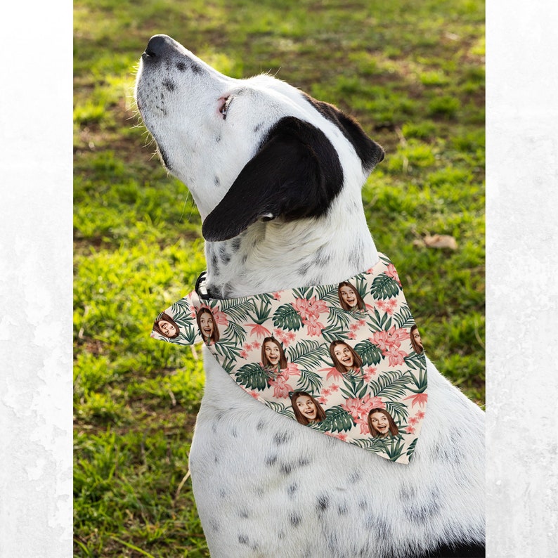 Personalized Dog Bandanas with Pet Photo, Custom Green Hawaiian Pet Bandanas Matching Hawaiian Human Shirt