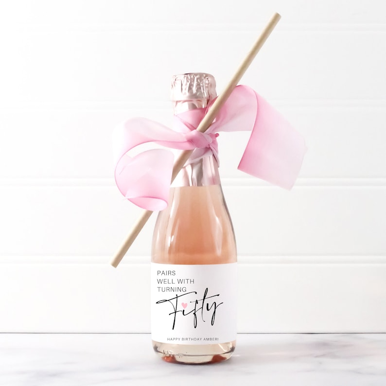 Pairs well with turning Fifty, Custom 50th Birthday Wine Label, Birthday Label, Gift for Her, Birthday Champagne label, Gift for Friend