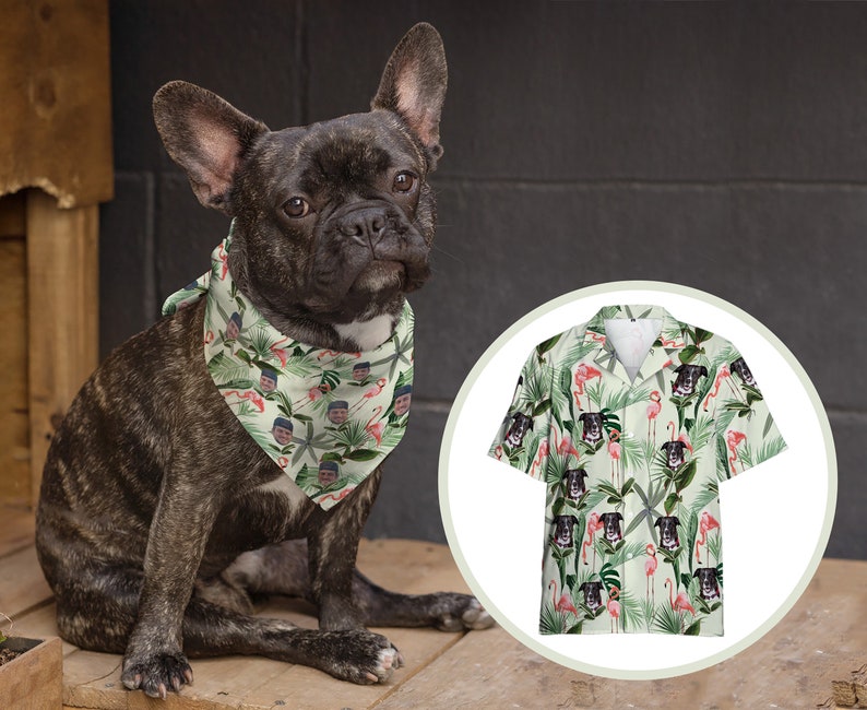 Personalized Dog Bandanas with Pet Photo, Custom Green Hawaiian Pet Bandanas Matching Hawaiian Human Shirt