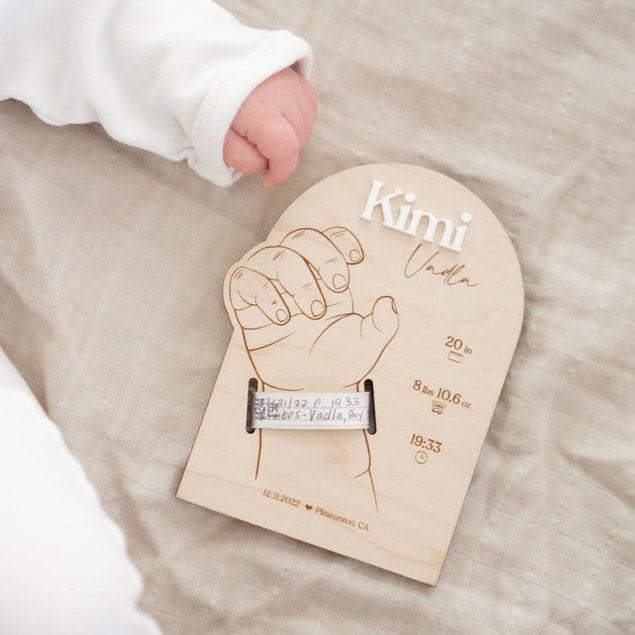 Birth Announcement Sign with Stats | Hospital Bracelet Keepsake | Wood Sign Name Reveal | Mothers Day Gift for Her | Personalized Baby Name