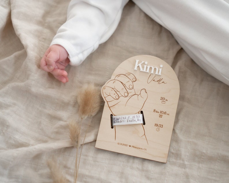 Birth Announcement Sign with Stats | Hospital Bracelet Keepsake | Wood Sign Name Reveal | Mothers Day Gift for Her | Personalized Baby Name