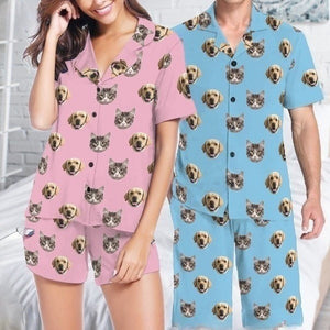 Custom Cat Dog Faces Women Men Short Sleeve Pajama Set Personalized Funny Your Photo on Pet Lovers PJs Birthday Anniversary Gift for Mom Dad