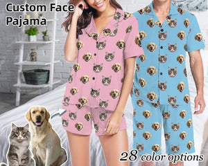 Custom Cat Dog Faces Women Men Short Sleeve Pajama Set Personalized Funny Your Photo on Pet Lovers PJs Birthday Anniversary Gift for Mom Dad