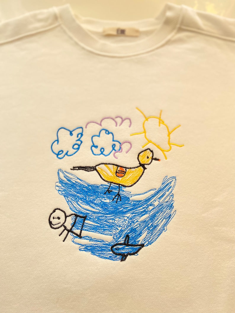 Personalized kids drawing artwork shirt - Embroidered custom photo shirt - Handmade shirt