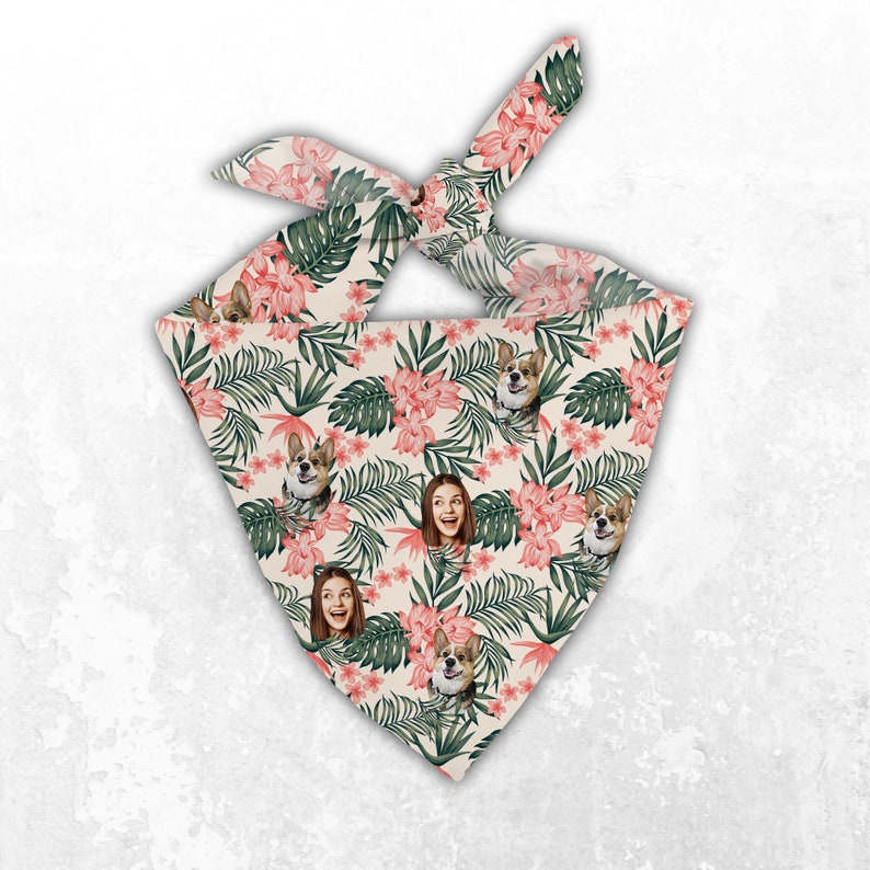 Personalized Dog Bandanas with Pet Photo, Custom Green Hawaiian Pet Bandanas Matching Hawaiian Human Shirt