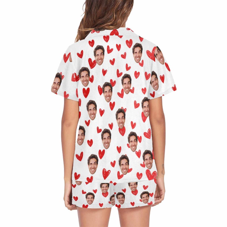 Custom Photo Hearts Pajamas,Personalized Face Short Pajama Set for Men/Women,Custom Heart Couple PJs,Birthday/Anniversary Gifts