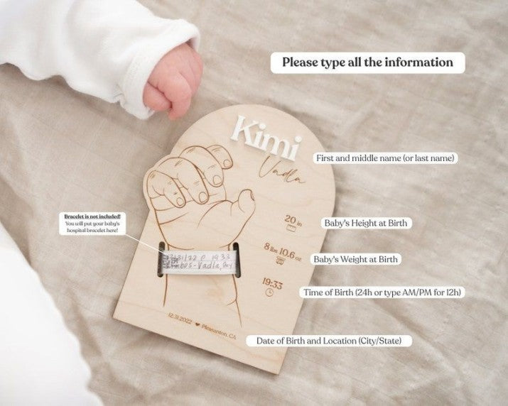 Birth Announcement Sign with Stats | Hospital Bracelet Keepsake | Wood Sign Name Reveal | Mothers Day Gift for Her | Personalized Baby Name