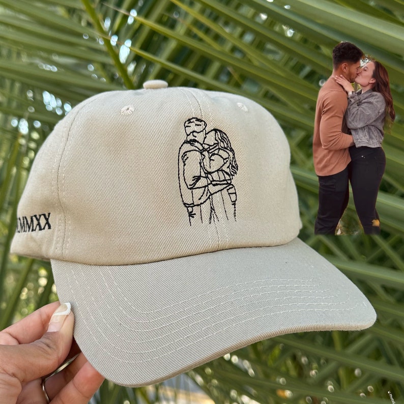 Line Art Portrait Embroidered with Roman Numerals Date on Dad Hat | Couples Embroidery Couples Hat | Couples Hat | Gifts for Her | Gifts for Him