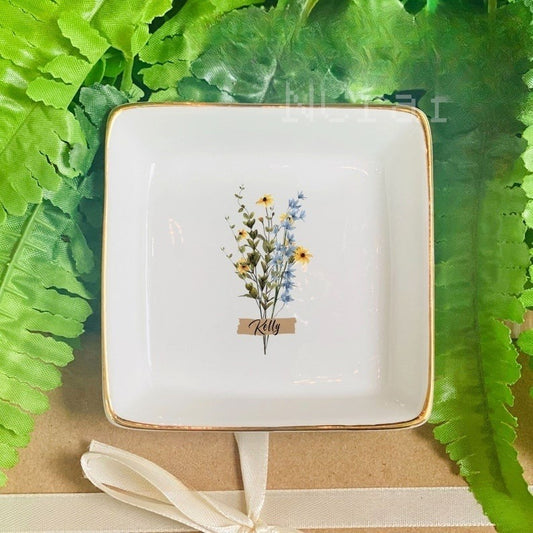 Custom Floral Trinket Tray-Personalized Jewelry Dish-Bridal Shower Gift-Mother's Day Gift-Bride Gift-Bridesmaid Gift-Daughter Birthday Gift