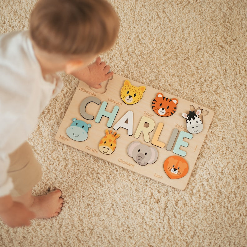 Personalized Name Puzzle with Animals | Baby, Toddler, Kids Toys | Wooden Toys | Baby Shower | Christmas Gifts | First Birthday Girl and Boy