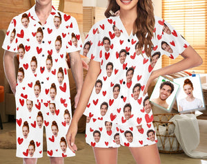 Custom Photo Hearts Pajamas,Personalized Face Short Pajama Set for Men/Women,Custom Heart Couple PJs,Birthday/Anniversary Gifts