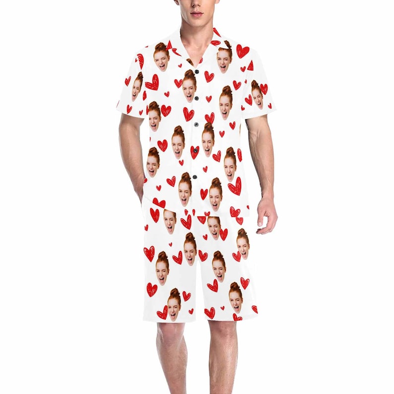 Custom Photo Pajamas,Personalized Face Short Pajama Set for Men/Women,Custom Sleepwear with Photo,Heart Couple PJs,Birthday Gift